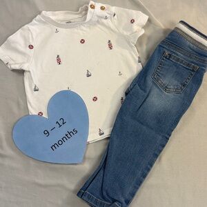 Fred & Flo - White Tee with Nautical Accent and matching denim pants
